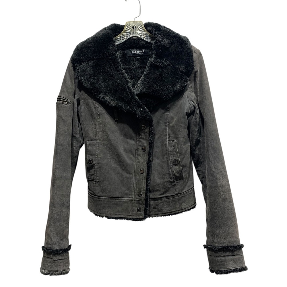 OAKWOOD The Leather Brand Women's‎ L Gray Faux Fur Lined Faux Suede Moto Jacket